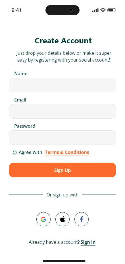 Freshly Home — Create account app screen