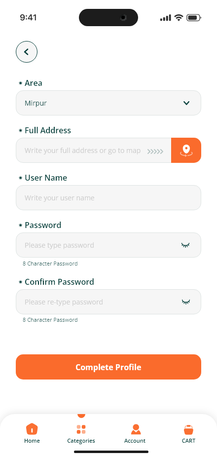 Freshly Home — Address & password app screen