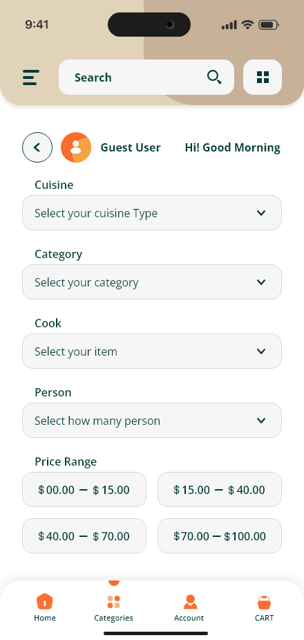 Freshly Home — Meal filters app screen