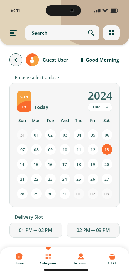 Freshly Home — Date & delivery slots app screen