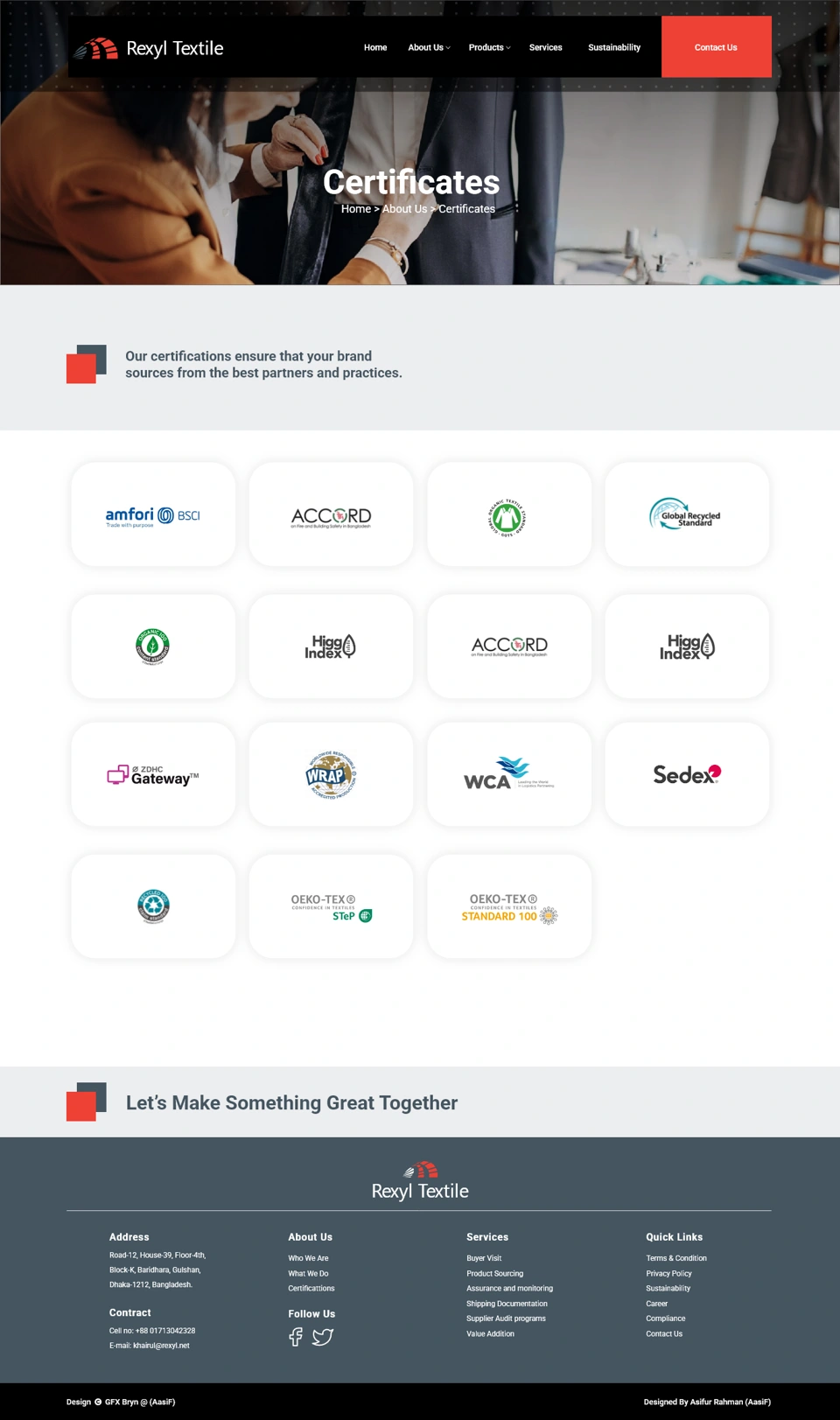 Rexyl Textile — Certificates, desktop website design