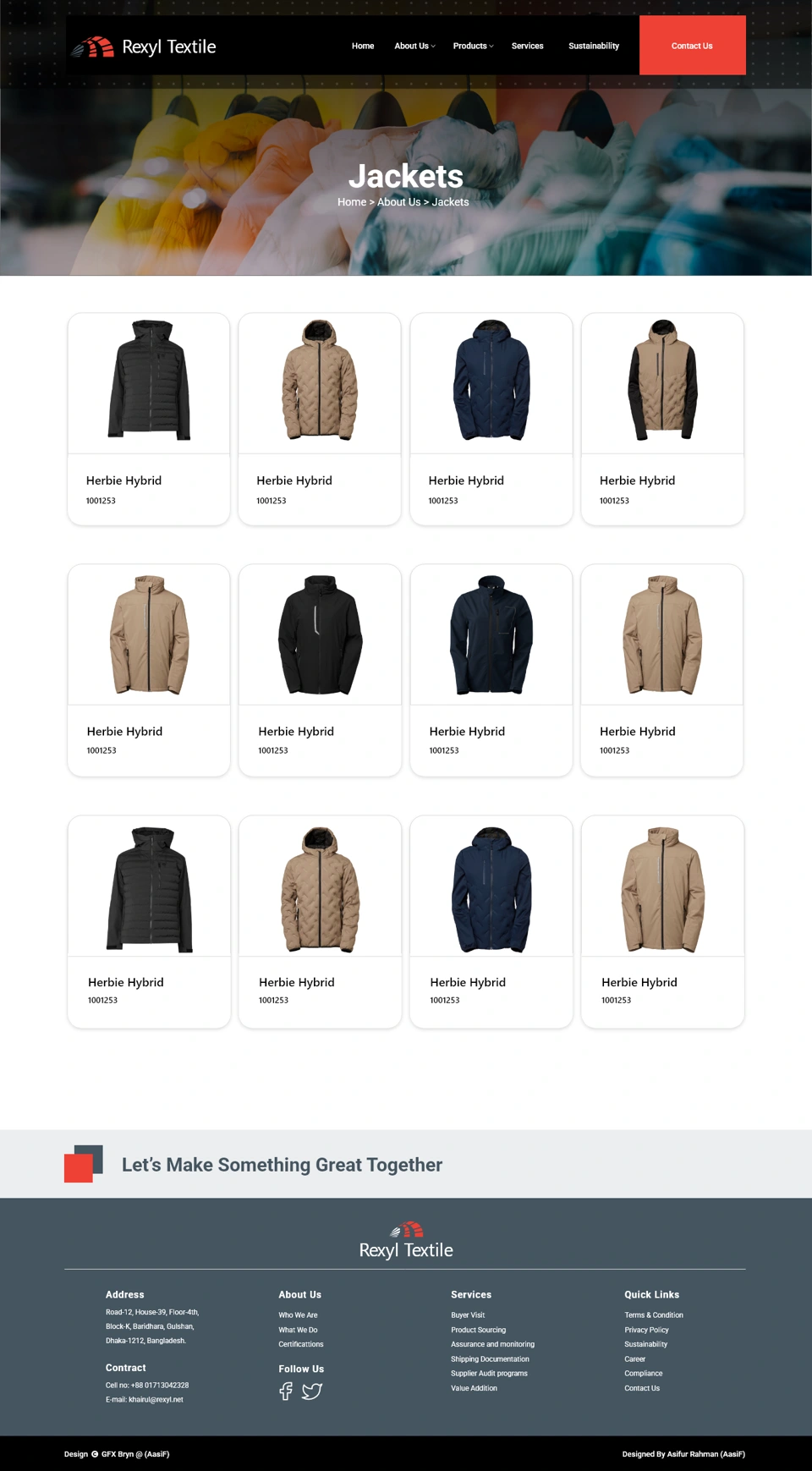 Rexyl Textile — Jackets collection, desktop website design