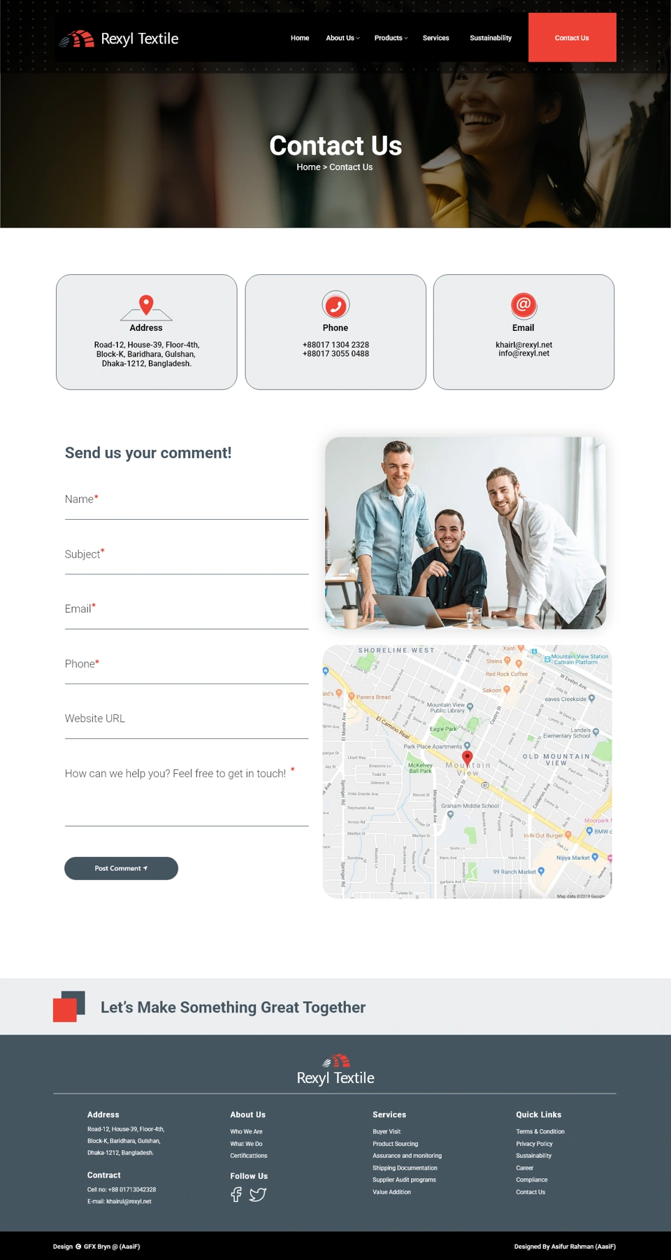 Rexyl Textile — Contact us, desktop website design