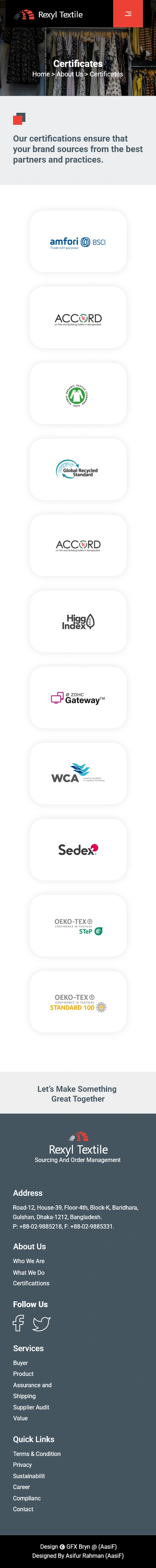 Rexyl Textile — Certificates, mobile website design