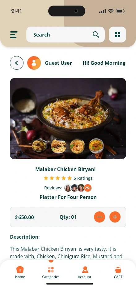 Freshly Home — food details and quantity selection