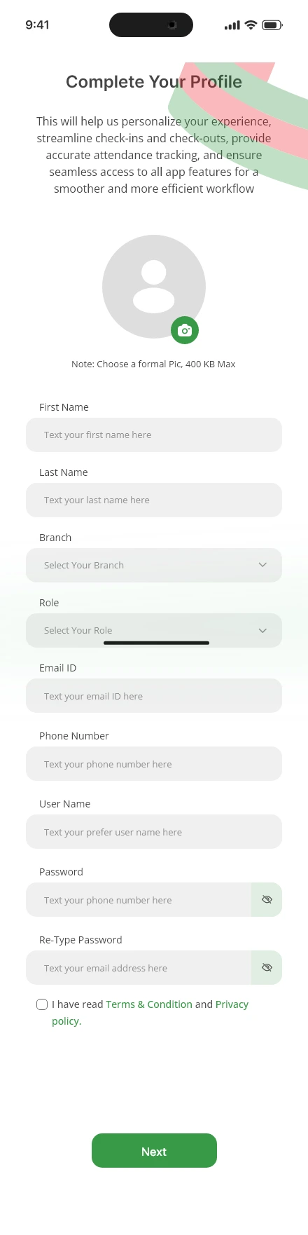 True Presence — Sign Up - Account Opening app screen
