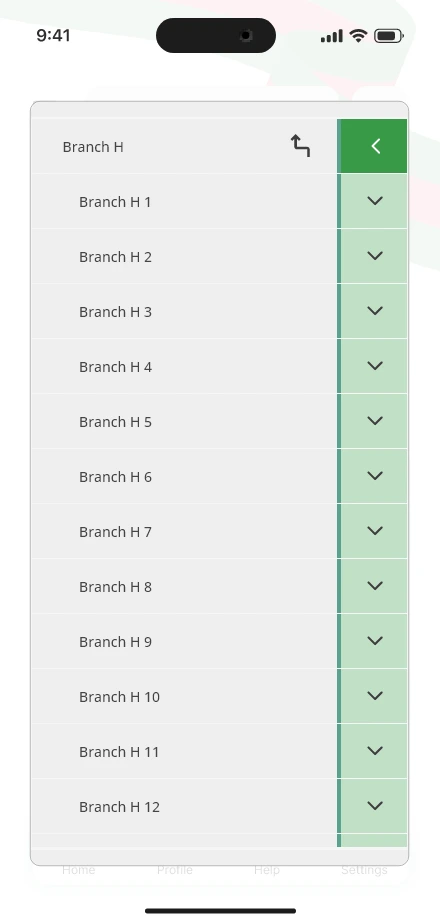 True Presence — Sub-branch selection app screen