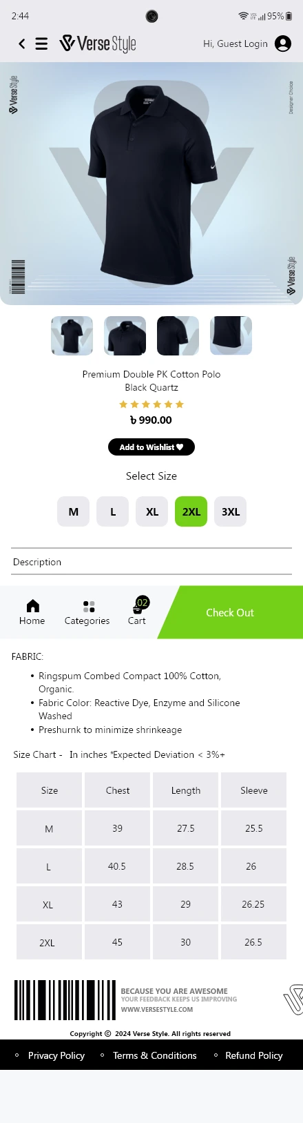 Verse Style — Polo Shirt Detail to Cart to Check Out app screen