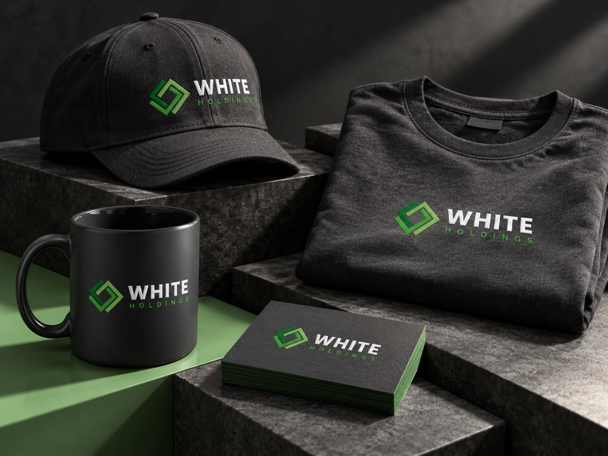 White Holdings identity across an embroidered cap, T-shirt, mug and business cards